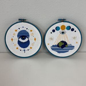 2 Handmade Original Cross-Stitch 6.5” Hoops: Moon Phases New